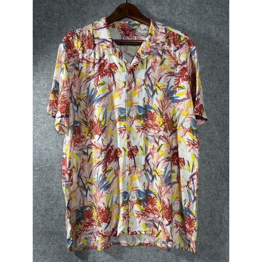 Guess Los Angeles Men's Camp Collar Tropical Print Shirt XL Y2K Silky Button Up